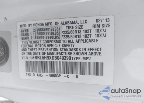 2013 Honda Odyssey Touring/Touring Elite z USA, uszkodzony, nr VIN 5FNRL5H9XDB049390